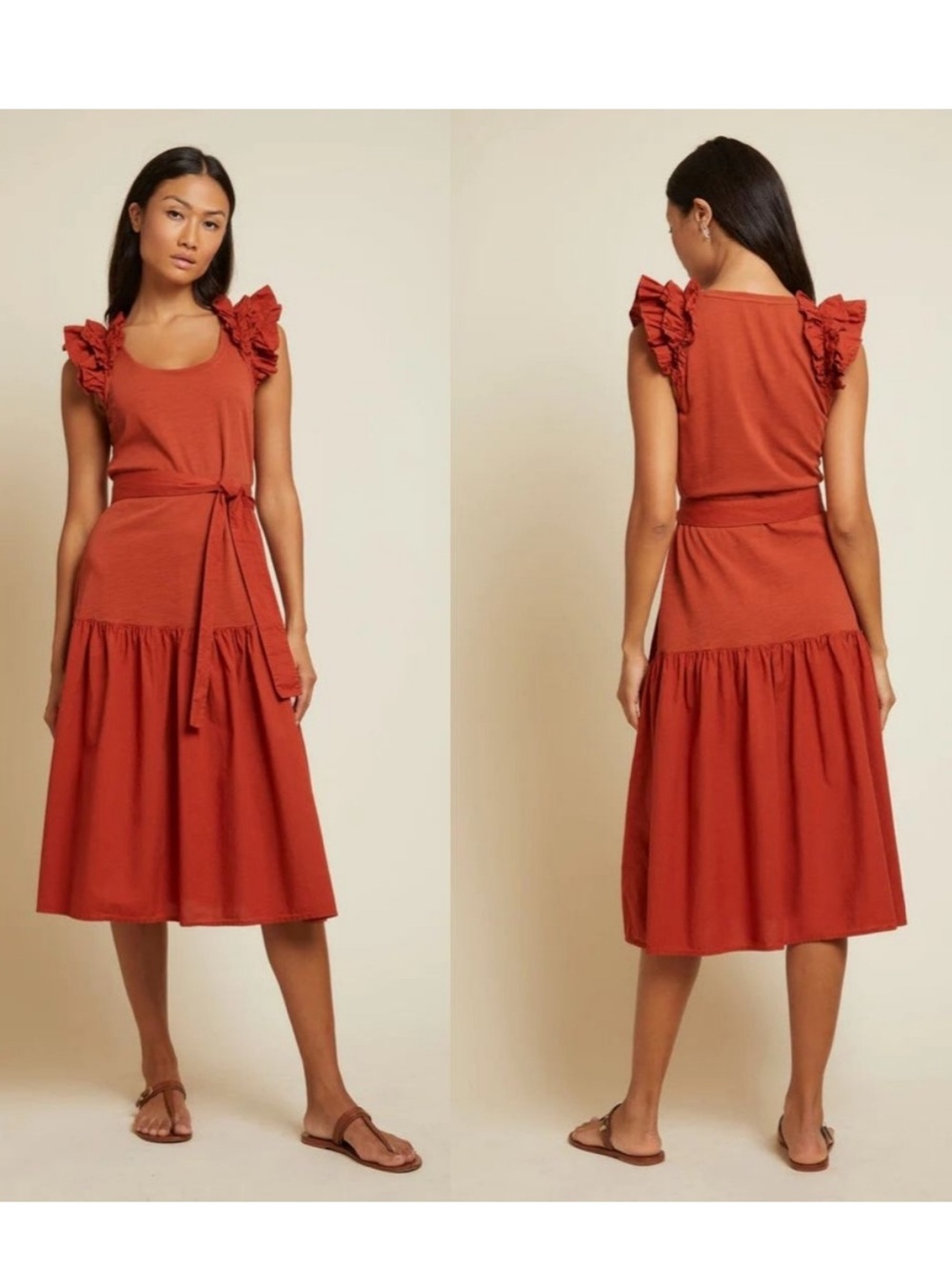 Nation LTD Rust Red Ruffle-Sleeve Midi Dress